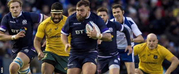 Jamie Bhatti on the charge for Scotland against Australia