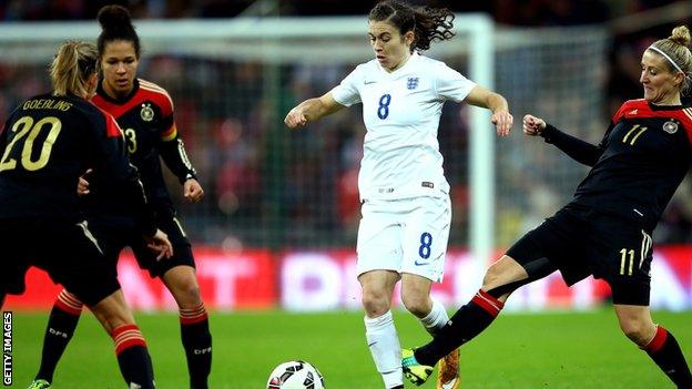 Karen Carney shields the ball from three Germany players