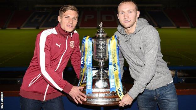 Hearts' Gavin Reilly (left) joins Hibernian's Dylan McGeouch at the fifth round draw at Hampden