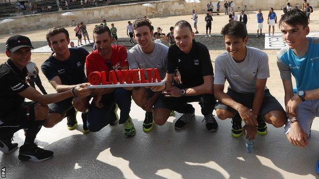 (l-r) Warren Barguil, Simon Yates, Vincenzo Nibali, Adam Yates, Chris Froome, Johan Esteban Chaves and Romain Bardet