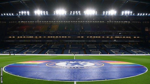 A general view of Stamford Bridge with part of the stands in different colours as part of the rainbow laces campaign