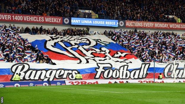 Rangers fans display a banner against Hibs