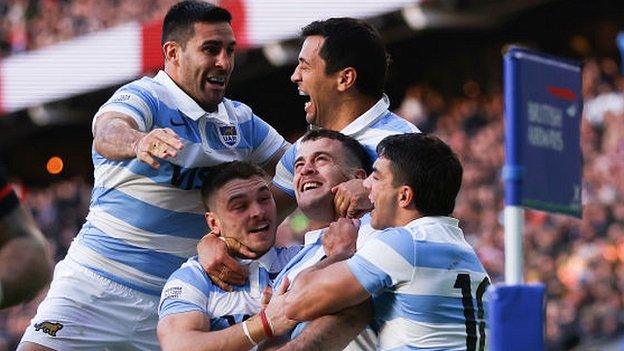 Emiliano Boffelli of Argentina celebrates scoring his side's first try against England in November