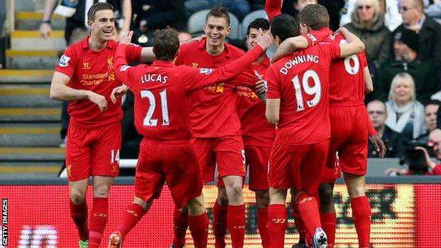 Liverpool players celebrate opening goal