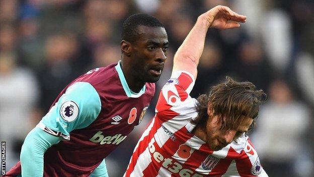 West Ham midfielder Pedro Obiang (left) and Stoke's Joe Allen