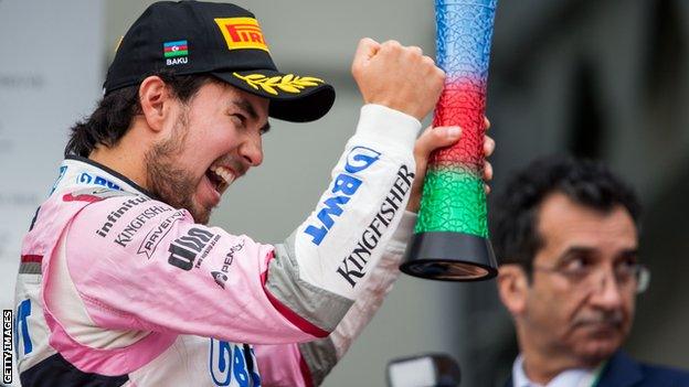 Sergio Perez celebrates coming third in Baku