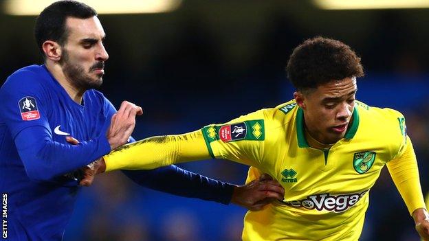 Chelsea defender Davide Zappacosta challenges Norwich City's Jamal Lewis in the FA Cup replay at Stamford Bridge