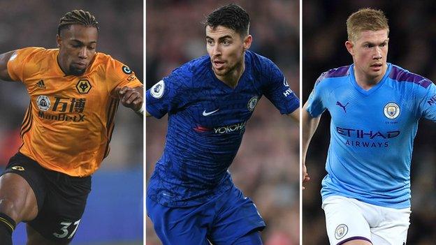 Adama Traore (Wolves), Jorginho (Chelsea), Kevin de Bruyne (Man City)