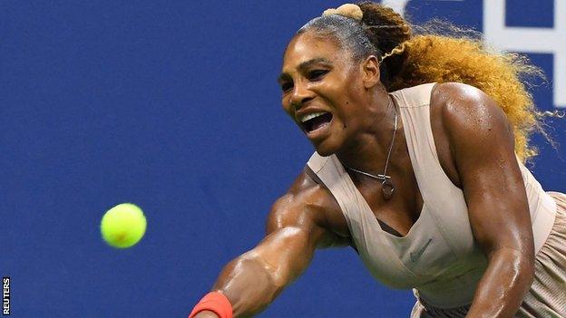 Serena Williams stretches for a return against Victoria Azarenka at the 2020 US Open