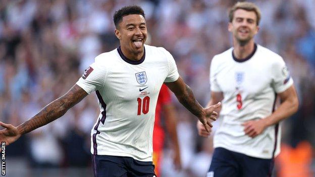 Jesse Lingard celebrates his goal for England