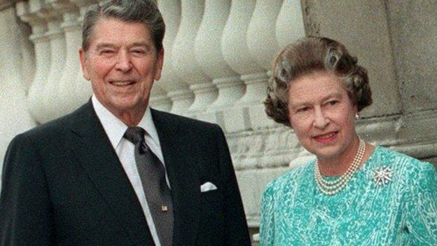 Queen Elizabeth II (centre) with US President Ronald Reagan and his wife Nancy at Buckingham Palace in London. The Queen and the former film star shared a love of horses and were once pictured riding together at Windsor.