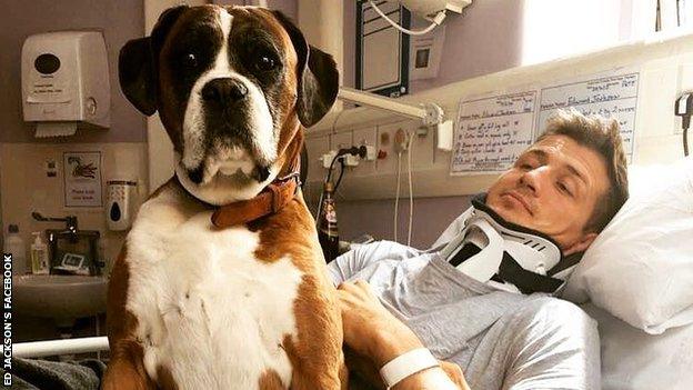 Ed Jackson in hospital with his dog Molly