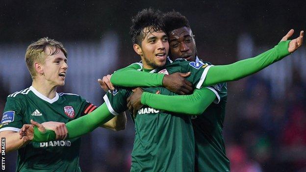 Gerardo Bruna celebrates with Ciaron Harkin and Junior Ogedi-Uzokwe