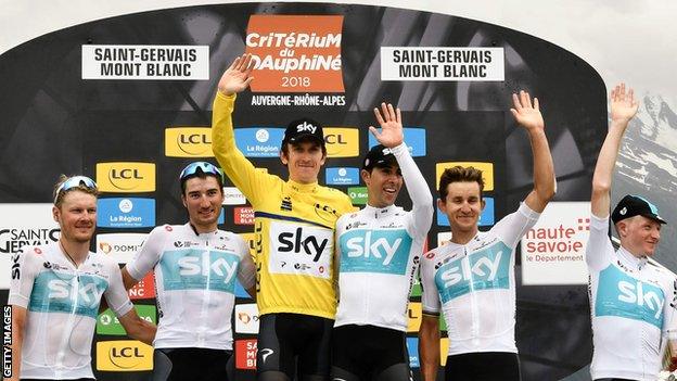 Geraint Thomas celebrates winning the Criterium du Dauphine with team Sky