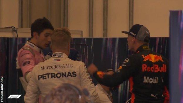 Max Verstappen pushes Esteban Ocon in the weigh-in room at Interlagos