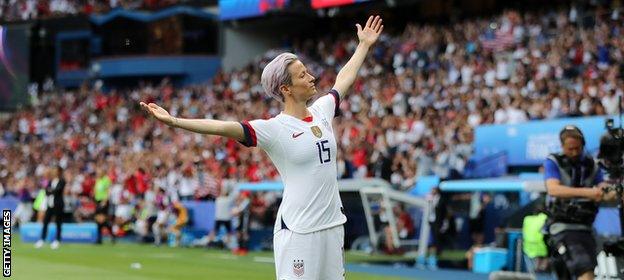 Megan Rapinoe celebrates scoring at the World Cup