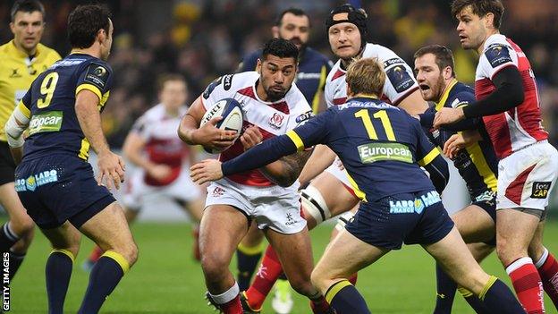 Charles Piutau tries to make ground for Ulster as Clermont double try scorer Nick Abendanon closes in