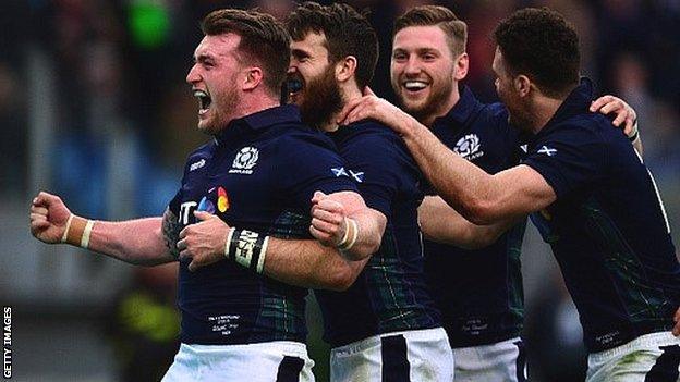 (from left) Stuart Hogg, Tommy Seymour, Finn Russell and Duncan Taylor celebrate Seymour's clinching try against Italy