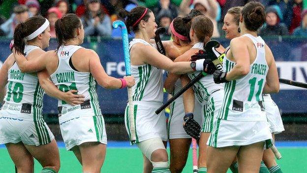 Celebration time for Ireland after Bethany Barr nets against Malaysia