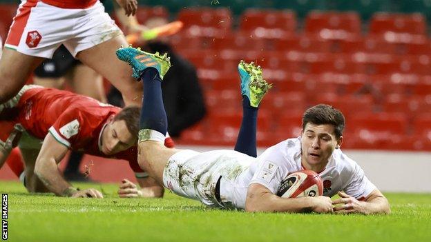 Ben Youngs scores a try for England during a Six Nations game against Wales