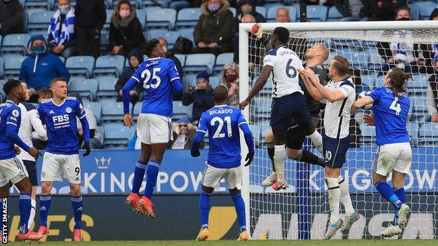 Kasper Schmeichel punches into his own net to give Tottenham an equaliser at King Power Stadium