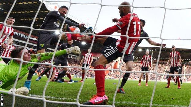 Josip Drmic has a shot blocked on the line against Sheffield United