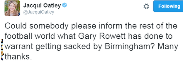 Jacqui Oatley Tweet on Gary Rowett