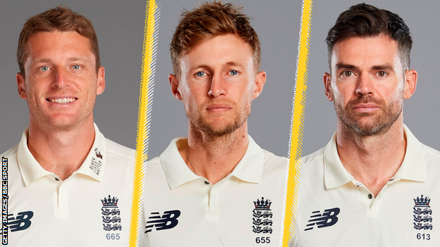 Left to right: Jos Buttler, Joe Root and James Anderson