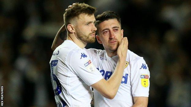 Leeds players are dejected after losing to Derby in the play-offs