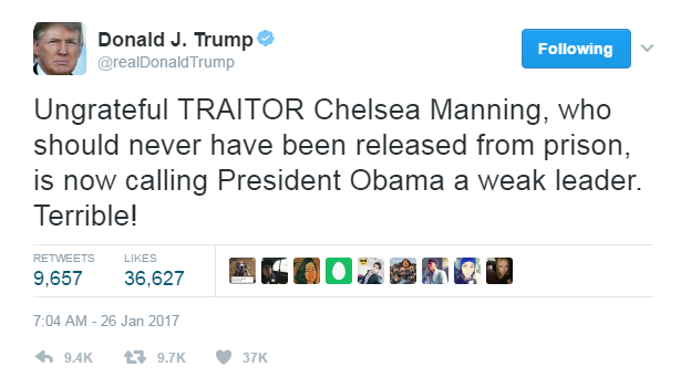 Donald Trump tweets: "Ungrateful TRAITOR Chelsea Manning, who should never have been released from prison, is now calling President Obama a weak leader. Terrible!"