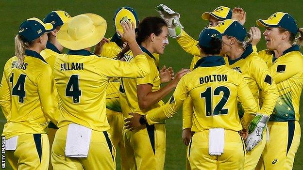 Australia celebrate another England wicket at Coffs Harbour