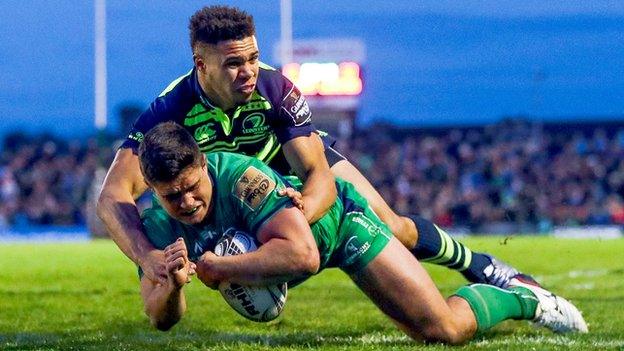 Connacht's Dave Heffernan goes over for a try against Leinster in Galway