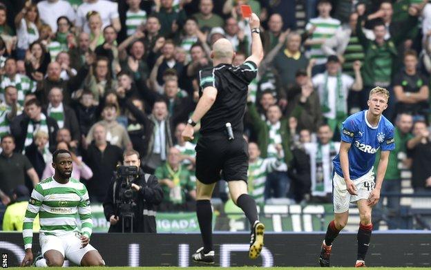 Rangers defender Ross McCrorie is sent off against Celtic