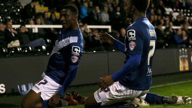Demarai Gray (right) helped Solomon-Otabor celebrate his goal at Craven Cottage
