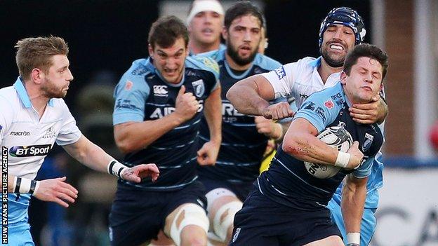 Cardiff Blues scrum-half Lloyd Williams in action against Glasgow