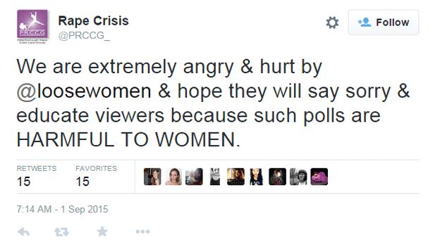 Peterborough Rape Crisis Care Group tweeted that they were 'extremely angry and hurt' by the poll, which they called 'HARMFUL TO WOMEN'