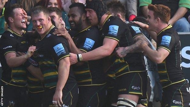 Northampton celebrate a try against Wasps