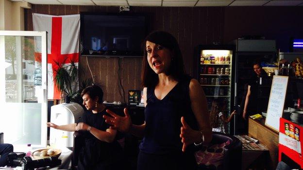 Liz Kendall in a cafe in Reading