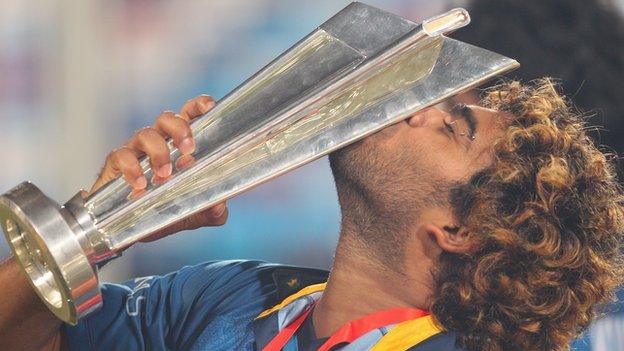 Lasith Malinga, Sri Lanka's victorious captain in 2014, with the World T20 trophy