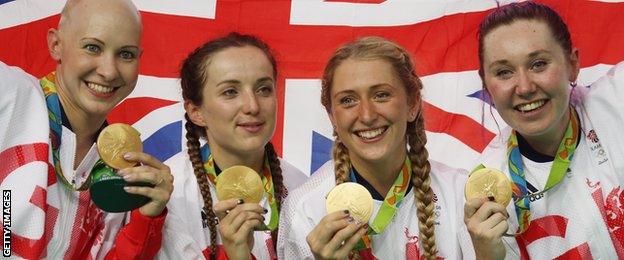 Katie Archibald, Laura Trott, Elinor Barker and Joanna Rowsell-Shand pose with their gold medals