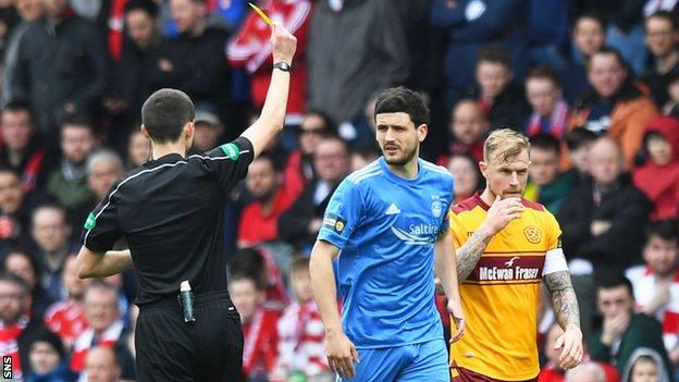 Aberdeen midfielder Anthony O'Connor is booked by referee Kevin Clancy