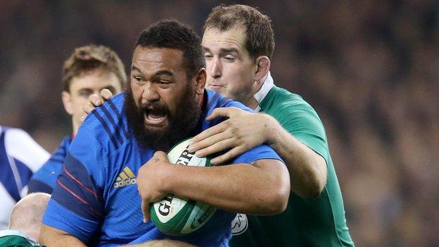 Ireland's Devin Toner battles with France's Uini Atonio in this year's Six Nations game