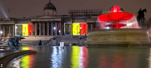 The National Gallery and fountains in Trafalgar Square