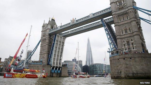 Boats passing under Tower Bridge