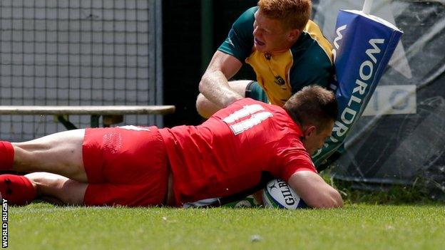 Josh Adams scores for Wales Under-20 against Australia