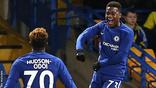 Daishawn Redan celebrates with team-mate Callum Hudson-Odoi after scoring for Chelsea under-21s against Oxford