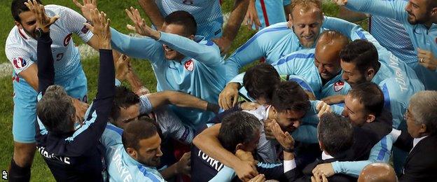 Turkey's players and staff celebrated their second goal wildly