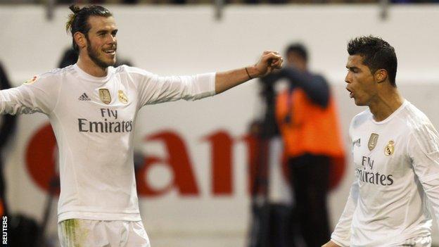 Gareth Bale and Cristiano Ronaldo celebrate Real Madrid's second goal at Eibar