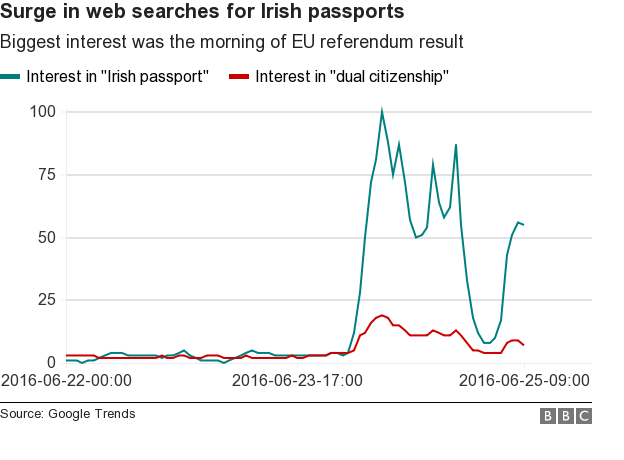 Google trends chart on Irish passport and dual citizenship searches