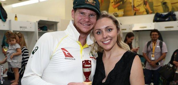 Steve Smith celebrates with his fiance Danielle Willis